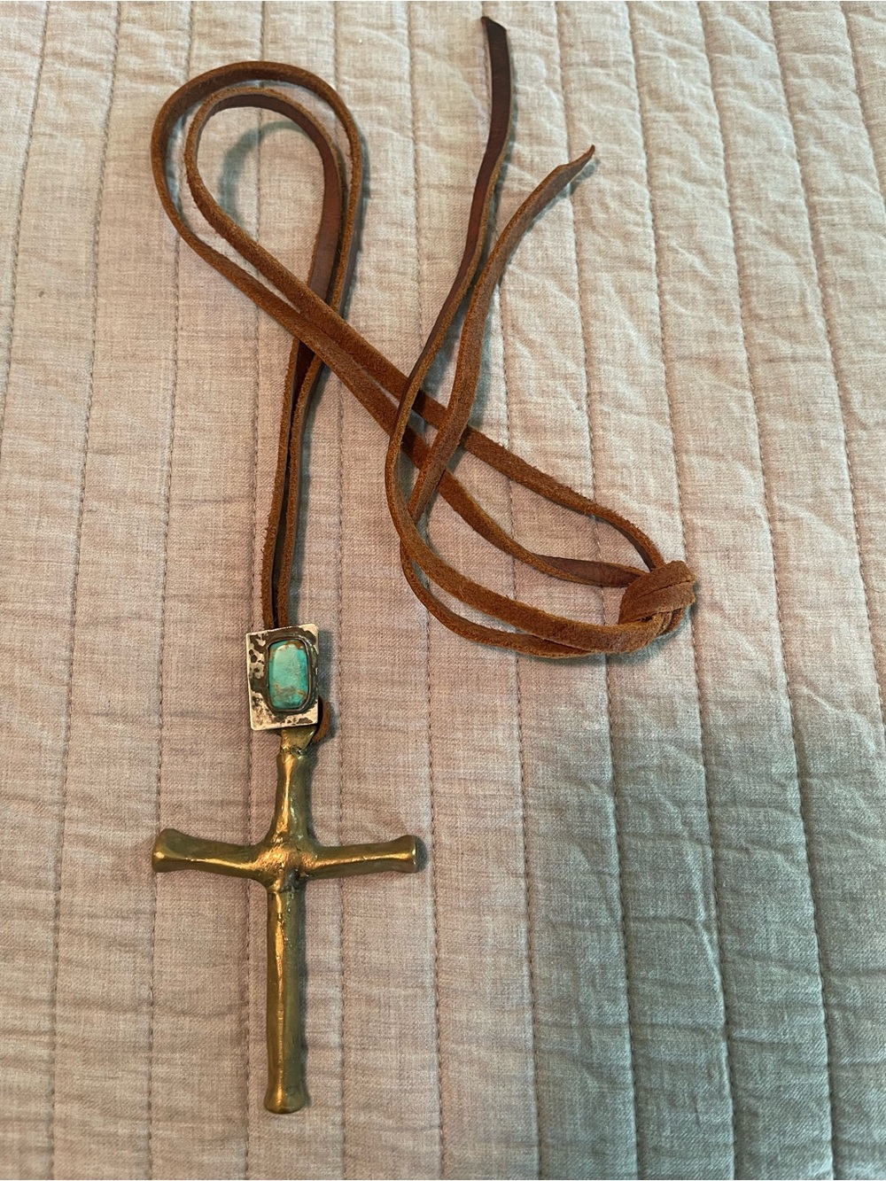 Love Tokens Brown Suede Necklace with Brass Cross and Turquoise Accent
